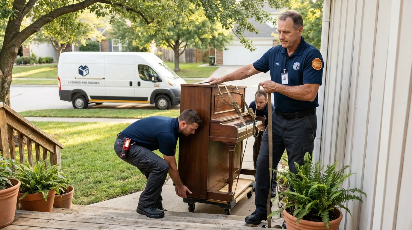 Licensed piano movers securing grand piano in Manchester, CT