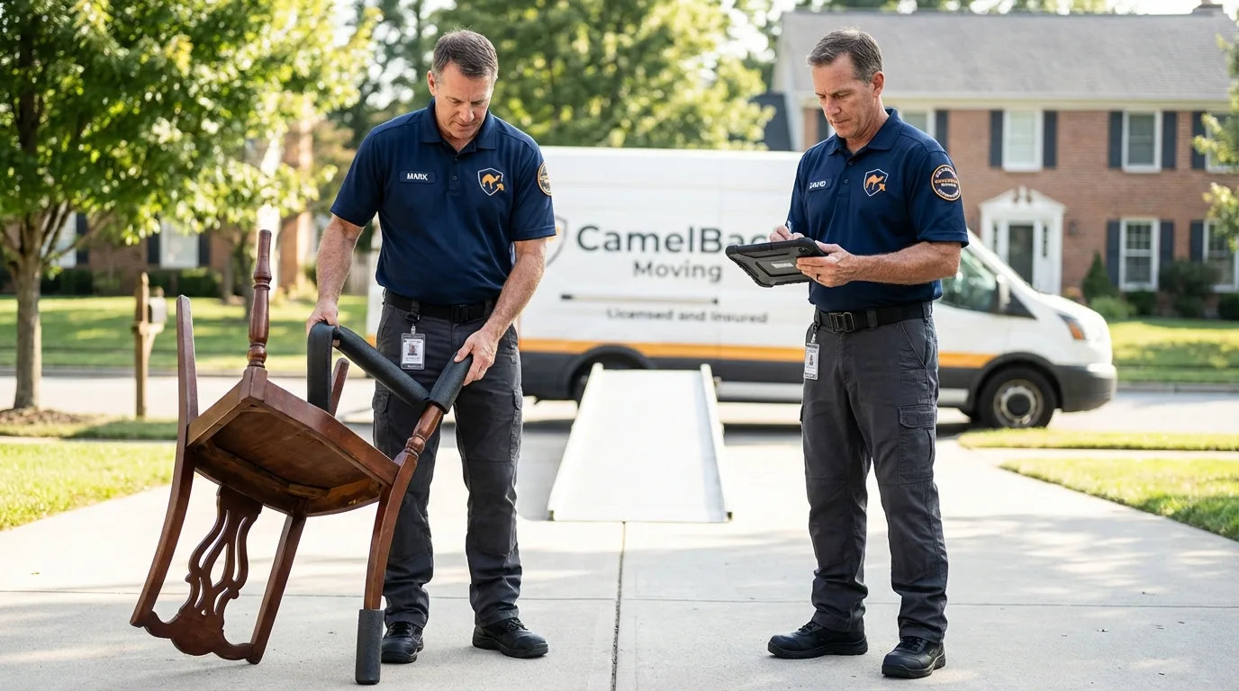 Movers inspecting furniture for damage prevention before loading in Manchester, CT