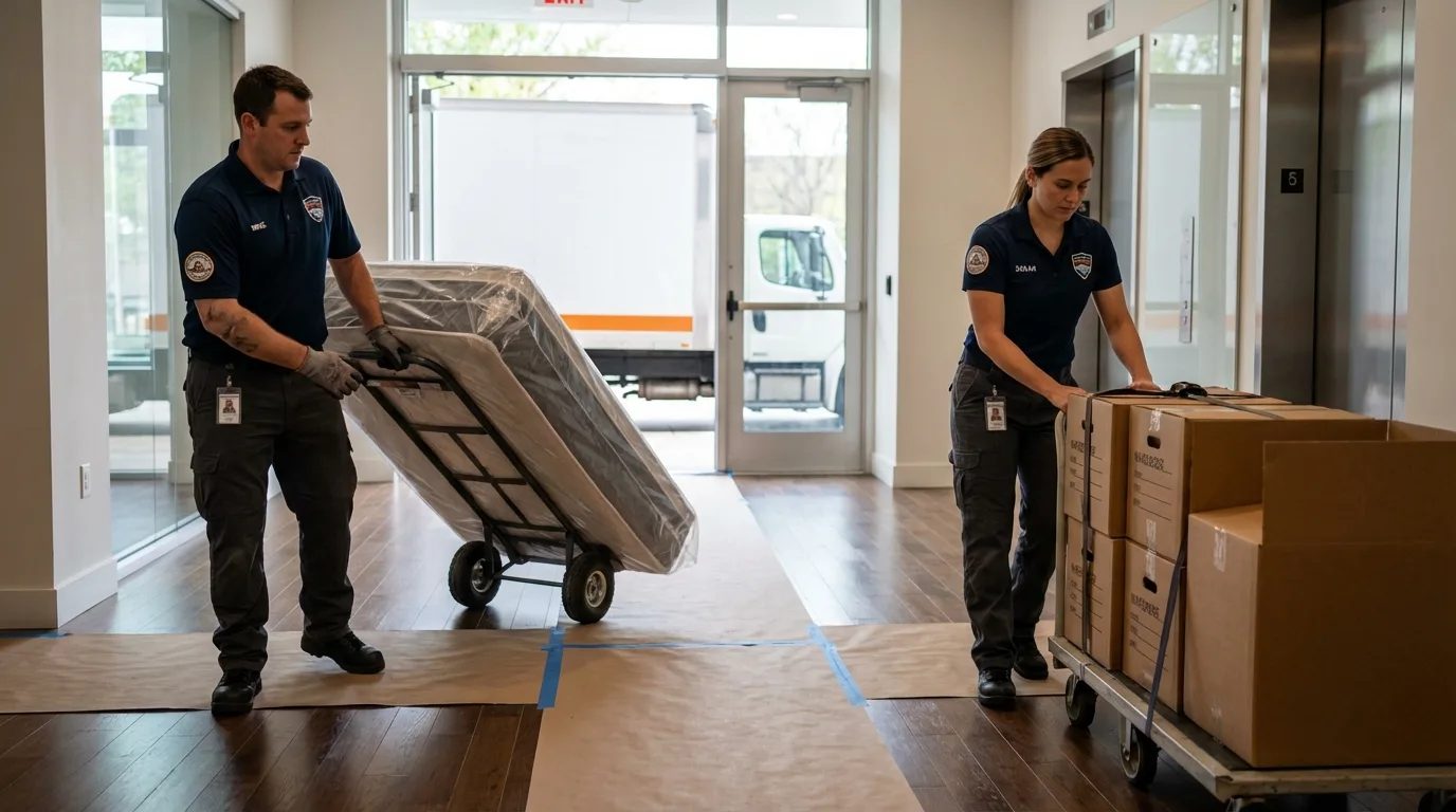 Professional apartment movers loading elevator in Manchester, CT